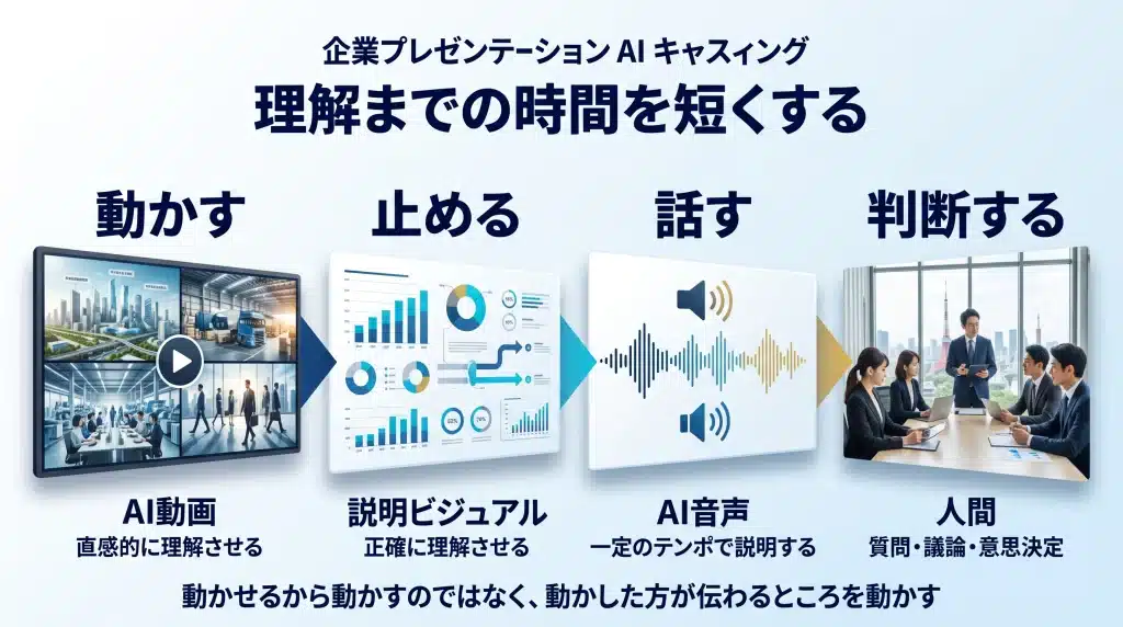 企業プレゼンをAI動画で「動かす」、説明ビジュアルで「止める」、AI音声で「話す」、最後に人間が議論・判断するというAIキャスティング型の新しい説明フロー