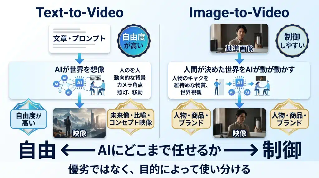 Text-to-Videoは文章から人物・背景・構図までAIが想像し、Image-to-Videoは人間が用意した基準画像の世界をAIが動かすという、自由度と制御性の違いを比較した図