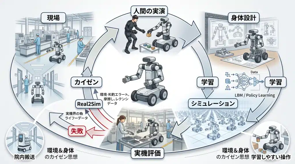 トヨタ／TRIのPhysical AI学習ループ図。現場観察、人間の実演、ELEYなどの身体設計、LBM学習、シミュレーション、実機評価、失敗データ、Real2Simを循環させてカイゼンする流れを示す。