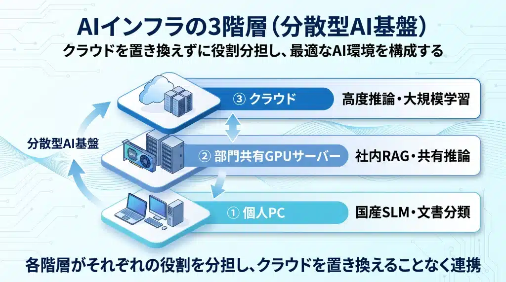 AIインフラの3階層を示す図。個人PCで国産SLMや文書分類、部門共有GPUサーバーで社内RAGや共有推論、クラウドで高度推論や大規模学習を実行する。各階層が役割分担し、クラウドを置き換えずに分散型AI基盤を構成する。